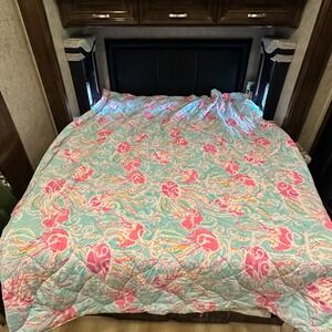 Lilly Pulitzer Garnet Hill Reversible Quilt Comforter Pink Teal Jellyfish 88x90